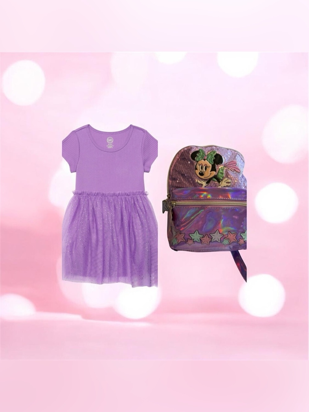 NWT Girls Purple Sparkle Tulle Dress Size 6-6X + Minnie Mouse Backpack Bundle